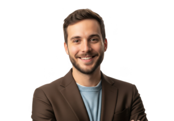 Smiling man wearing a brown blazer isolated on transparent background