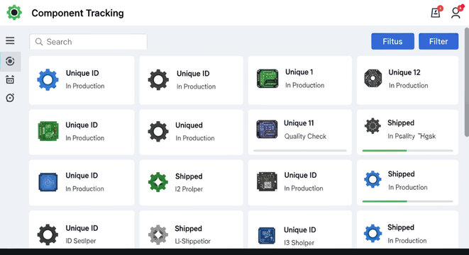Component Tracking Interface Displaying Unique IDs and Statuses.