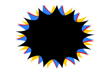 Colorful abstract explosion frame with black center and sharp spiked edges in red, blue, and yellow layers, modern comic style burst design for posters, stickers, and digital artwork