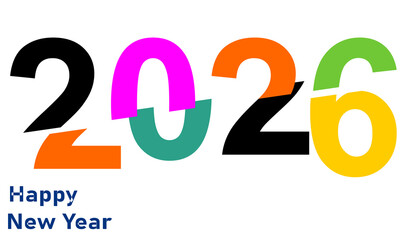 Colorful 2026 new year text design with bold multicolor typography and minimal white background, modern happy new year 2026 illustration for greeting cards, banners, and digital celebration templates