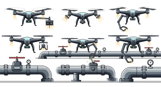 Industrial Drones and Metal Pipeline Sections Vector Illustration.