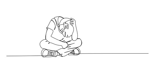continuous single line drawing of sad or frustrated toddler boy sitting on floor hiding face behind hands, line art vector illustration