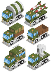 Set of military trucks. Isometric. Isolated on white background. Vector illustration.