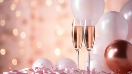Elegant celebration scene with champagne flutes and balloons, shot at eye level for a festive video. Live desktop wallpaper. - Powered by Adobe