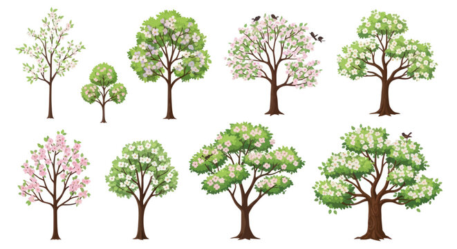 A collection of various illustrated spring trees showing different stages of blooming with white and pink blossoms and lush green leaves.