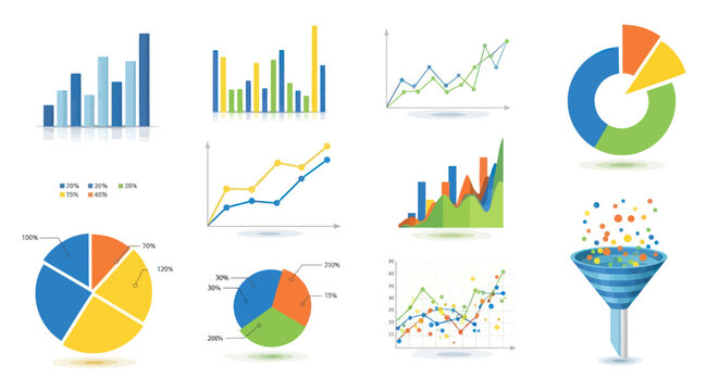 A diverse collection of colorful data visualization charts and graphs for business analytics and infographics.