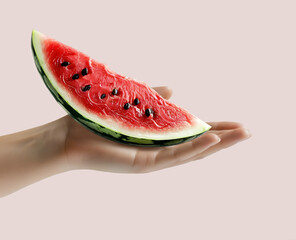 A beautiful  hand of young girl with melon isolated pink background. A mockup for designers