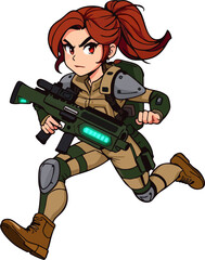 Cartoon Female Soldier Running with Futuristic Assault Rifle – Athletic Woman Commando Mascot Vector