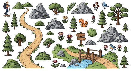 Colorful Hand-drawn Outdoor Adventure Elements: Hiker Trees Mountains Paths Bridge. © Il