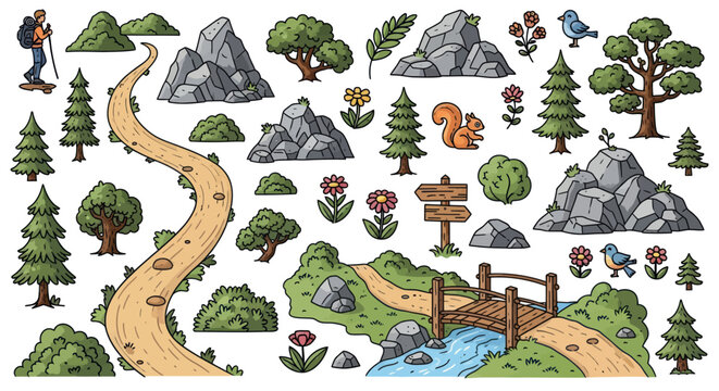 Colorful Hand-drawn Outdoor Adventure Elements: Hiker Trees Mountains Paths Bridge.