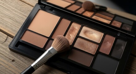 Makeup Palette with Brush on Wooden Surface for Beauty and Cosmetics.