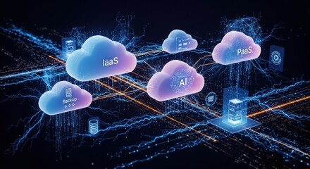 A digital illustration of a cloud computing concept with various cloud icons and symbols.