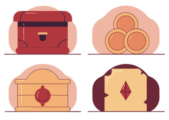 Red chest gold coins wooden box treasure map treasure chest