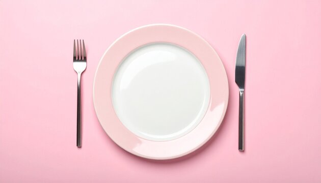 White plate on pink plate with fork and knife on pink background