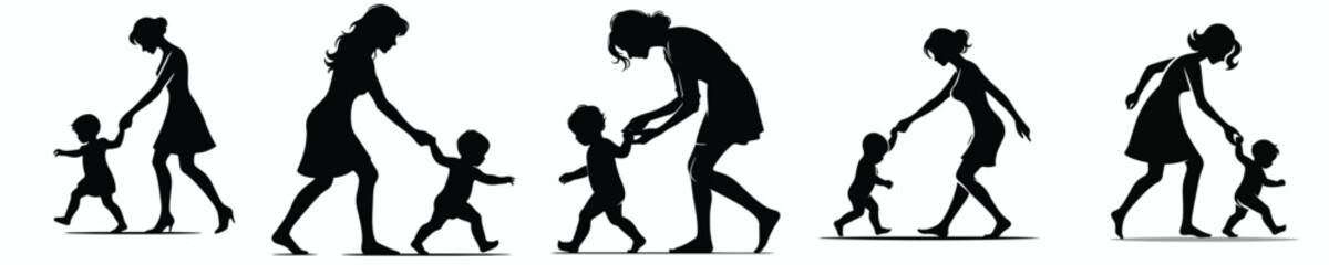 vector silhouette of mother training baby to walk