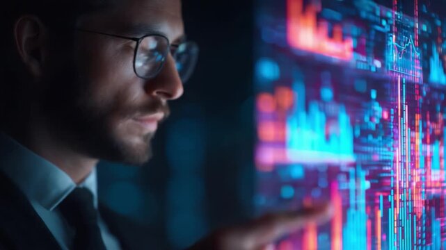 A focused professional analyzes dynamic data visualizations on a digital display, showcasing the latest trends and patterns in a high-tech environment. - Powered by Adobe