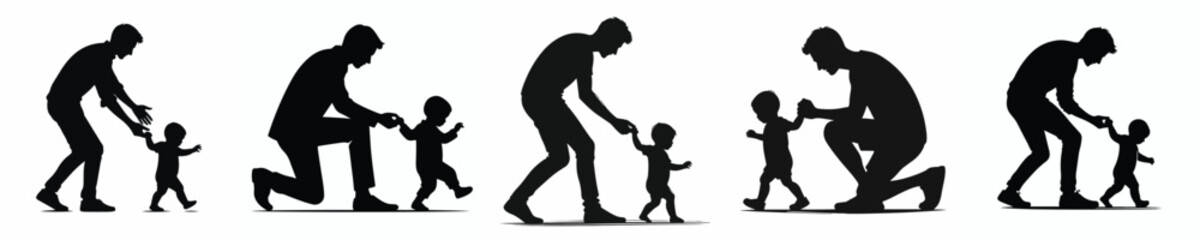 vector silhouette of father training baby to walk