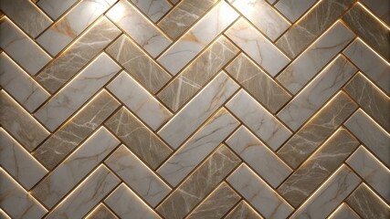 Herringbone pattern of textured stone tiles with warm lighting