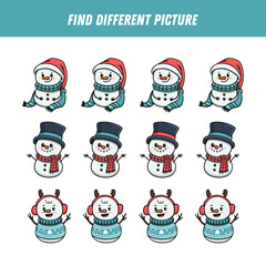 Find different snowman in each row. Christmas Logical game for kids. Cartoon snowmen. Doodle. Vector
