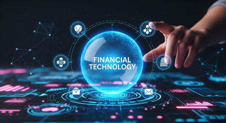 Fintech -financial technology concept. Young businessman select the icon Fintech on the virtual display