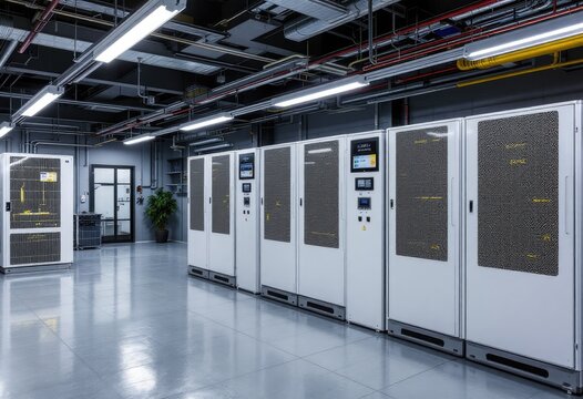 Industrial server room with rows of UPS units
