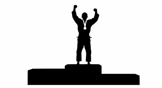 Victorious martial artist celebrating victory with medal on winner's podium