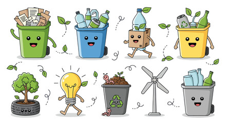 A cute collection of cartoon ecology and recycling character icons including bins a wind turbine and a lightbulb. © Il