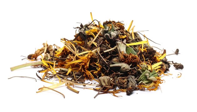A detailed close-up on a pile of dried herbs and flower petals, showing vibrant colors and textures against a stark white backdrop