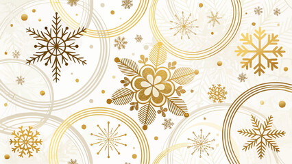 Elegant gold snowflakes and circles pattern on a white background for festive winter season designs