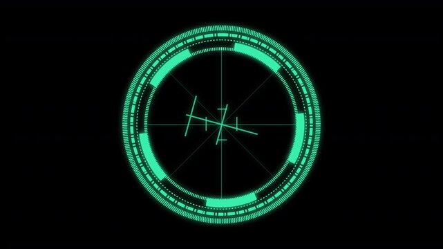 HUD Heads up spaceship cockpit display compass rotating disc or sci-fi security screen crosshair CCTV target overlay layer graphic with cool green electric neon glow 4K animation with black background