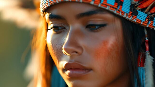Young woman wearing traditional headdress in warm sunlight with striking facial features and vivid tribal patterns