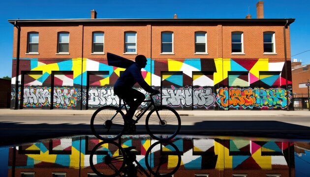 Cyclist rides past vibrant colorful graffiti art mural on brick building reflected in puddle
