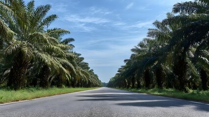 Fototapeta premium A straight road flanked by tall palm trees on both sides under a clear blue sky. Concept Palm Tree-lined Road, Symmetrical Landscape, Clear Blue Sky, Tropical Road Scene
