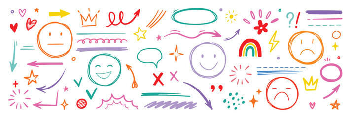 Smile hand drawn vector element set. Emoji fun face, heart, crown symbol crayon texture marker background kid sketch style hand drawn element. Color smiley face, arrow. Vector illustration

