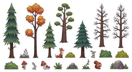 Collection of Cartoon Trees Bushes and Forest Elements for Game Design. © Il