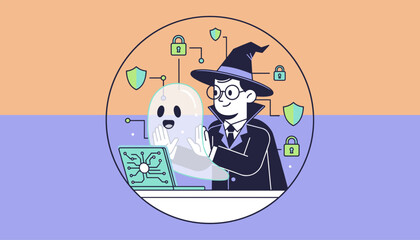 Cybersecurity wizard and AI assistant protect digital data on laptop with network security shields