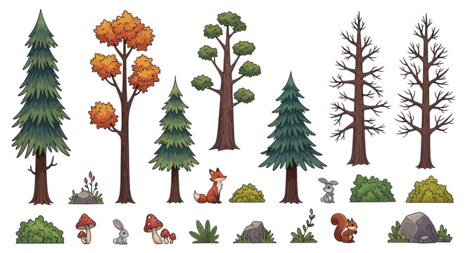 Collection of Cartoon Trees Bushes and Forest Elements for Game Design.