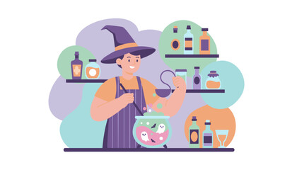 Smiling witch stirring a glowing Halloween cauldron with ghosts and bats surrounded by potions Fun fantasy concept