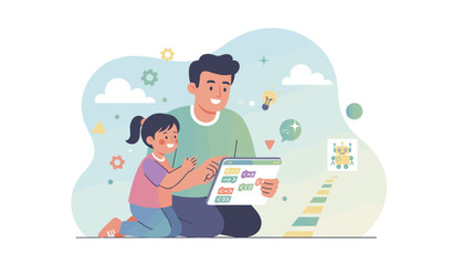 Father and daughter learning to code with a tablet developing programming skills and creativity
