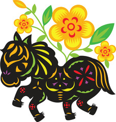 A colorful illustration features a black horse adorned with vibrant floral and geometric patterns, surrounded by bright yellow flowers and green leaves.