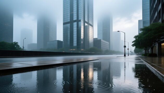 Rainy day in a modern city with reflections on wet streets and towering skyscrapers