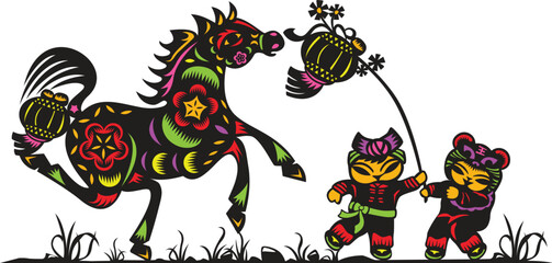 Vibrant Color Chinese paper cut art of a horse in stride, two Chinese dolls playing with the Lantern