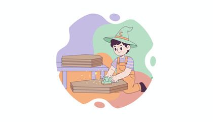 Whimsical boy crafting wooden coffin shapes Imagination DIY project creative hobby