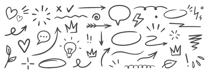 Line marker hand drawn brush arrow element set. Sketch pencil stroke vector graphic pen underline scribble icon. Hand drawn line heart, crown, star symbol highlight marker shape. Vector illustration

