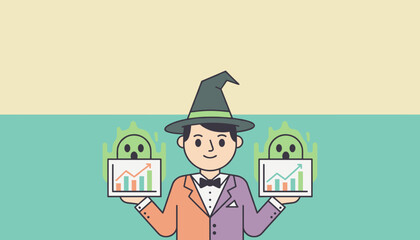 Witchhatted character with business charts and surprised ghosts depicting unexpected growth
