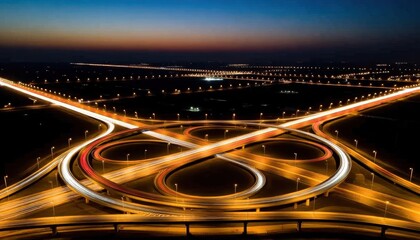 Aerial view of a complex highway interchange at night with glowing light trails from moving cars