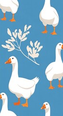 Elegant Goose Pattern on Blue Background - A Serene and Artistic Design.