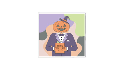 Festive pumpkinheaded waiter in a suit holding a menu perfect for Halloween event promotion
