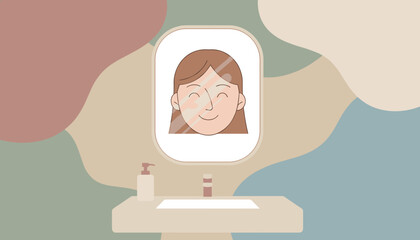 Happy womans face reflected in a bathroom mirror during a morning routine