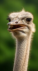 Close-up of an ostrich head with a blurred green background.